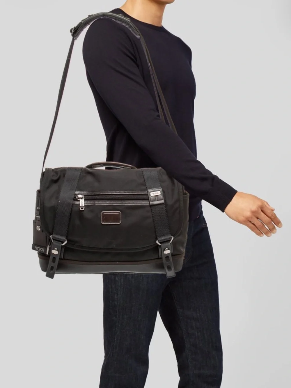 Tumi Dark Gray Nylon Messenger Bag with Dark Brown Trim